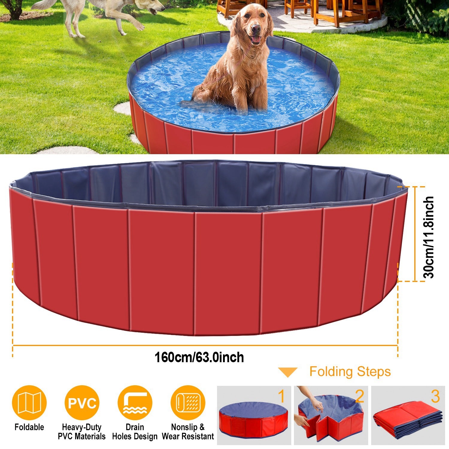 Foldable PVC Pet Swimming Pool - 160 x 160 x 30 cm (63.0 x 63.0 x 11.8 inches) for Dog Bathing and Playtime