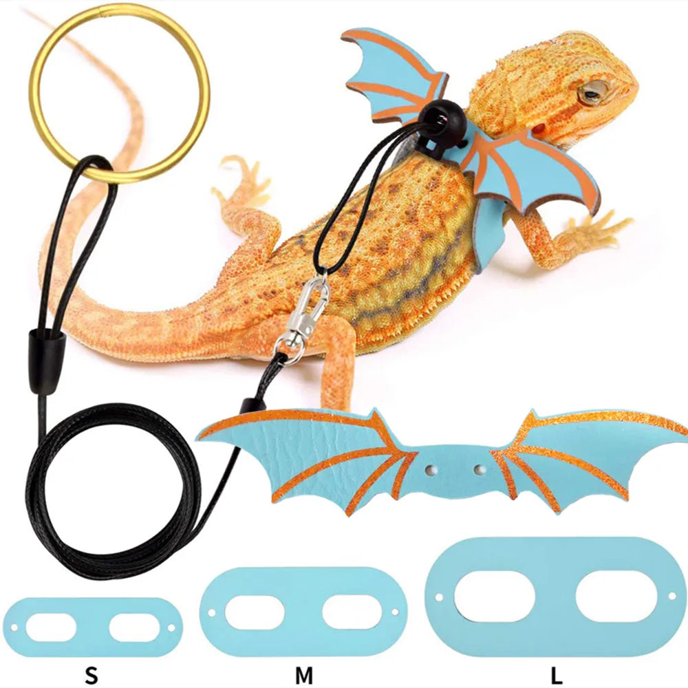 2022 Adjustable 3-Piece Bearded Dragon Leash Set with Bat Wing Design - Premium Soft Leather Harness for Amphibians and Small Reptiles