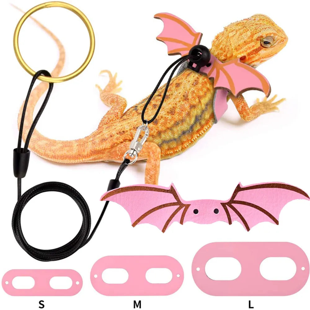 2022 Adjustable 3-Piece Bearded Dragon Leash Set with Bat Wing Design - Premium Soft Leather Harness for Amphibians and Small Reptiles