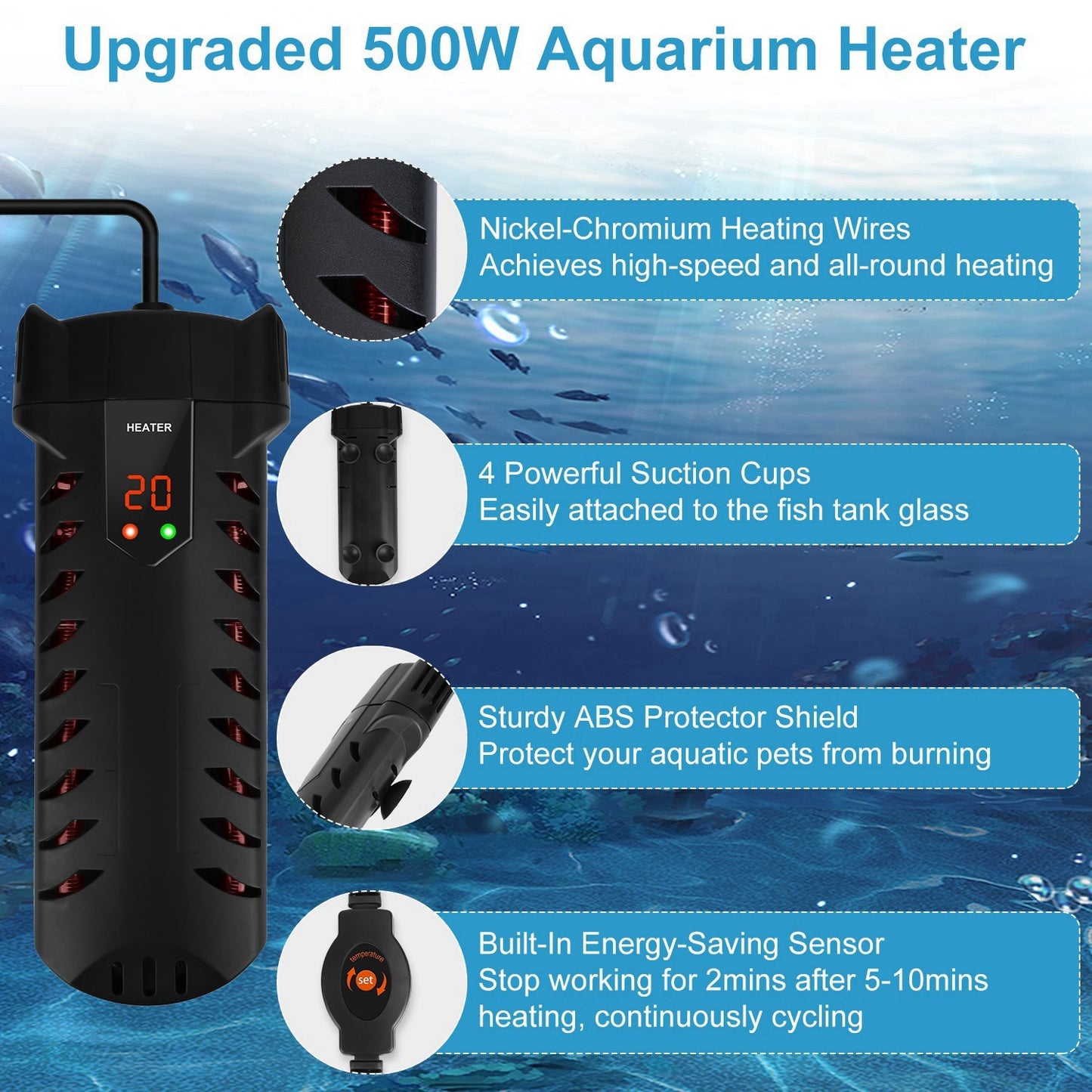 500W Submersible Aquarium Adjustable Temperature Fish Tank Heater & Thermostat