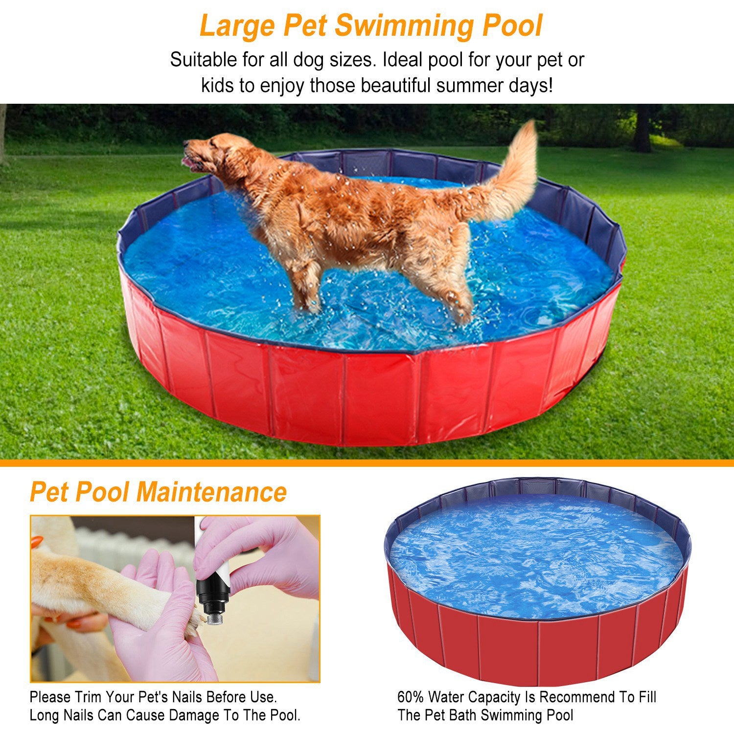 Foldable PVC Pet Swimming Pool - 160 x 160 x 30 cm (63.0 x 63.0 x 11.8 inches) for Dog Bathing and Playtime