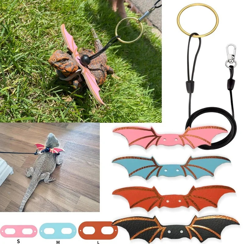2022 Adjustable 3-Piece Bearded Dragon Leash Set with Bat Wing Design - Premium Soft Leather Harness for Amphibians and Small Reptiles