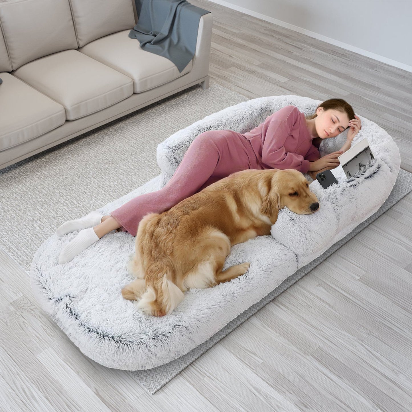 1Pc Large Foldable Human Size Dog Bed With Pillow Blanket