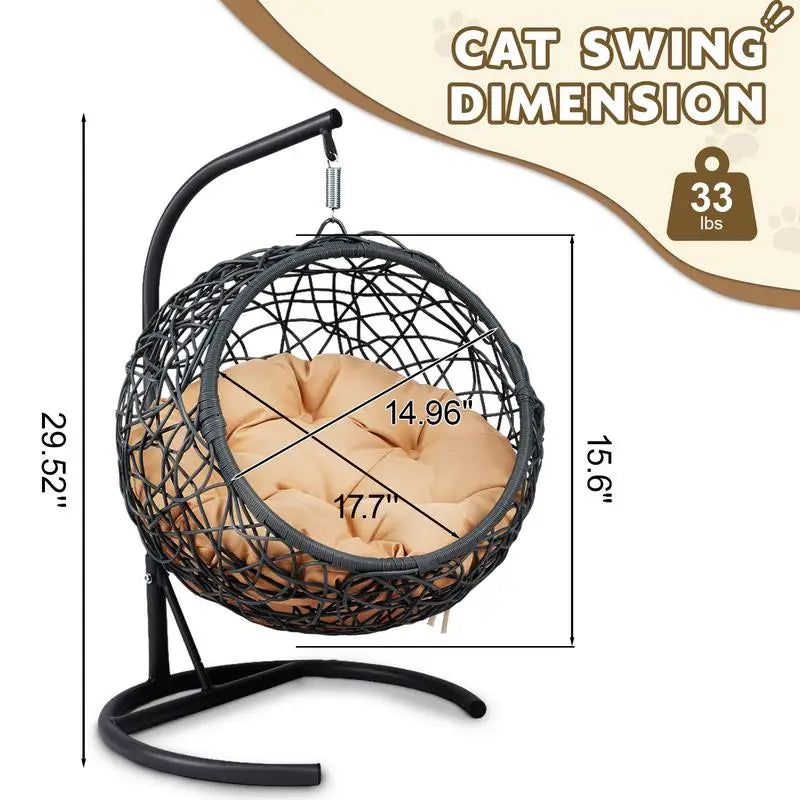 Indoor Cat Swing Bed with Stand and Cushion - Rattan Wicker Egg Chair for Cats and Small Pets in Yellow