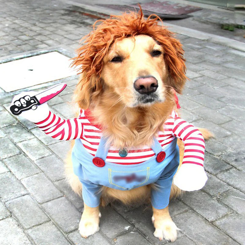 Humorous Dog Costumes for Halloween and Festivals - Comedic Outfits Featuring Knife Accessories for Pets