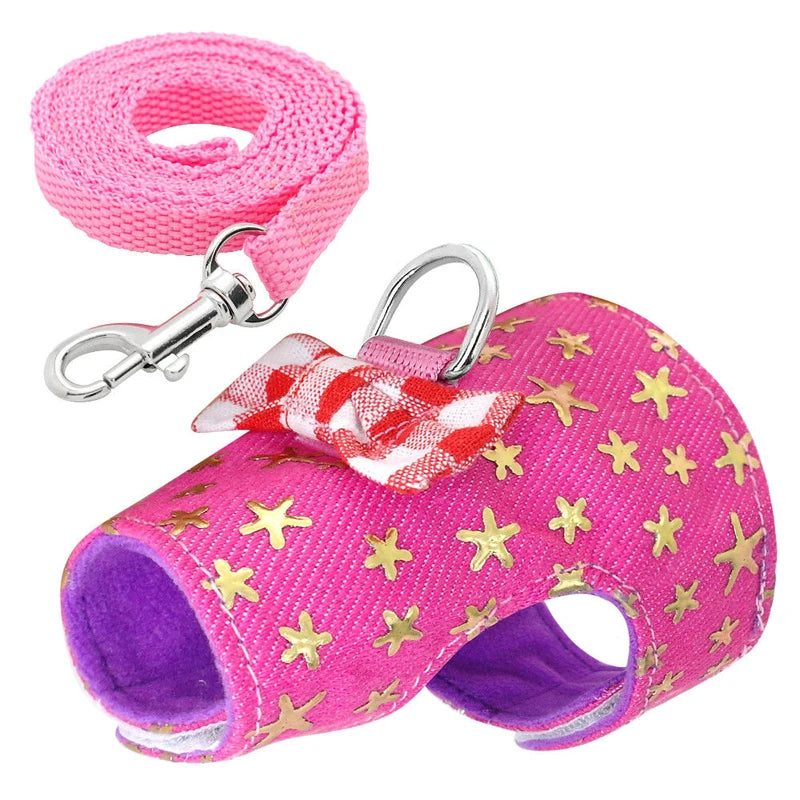 Pet Harness with Bowtie and Striped Star Design for Hamsters, Rabbits, Ferrets, and Rats - Includes Leash and Chest Strap