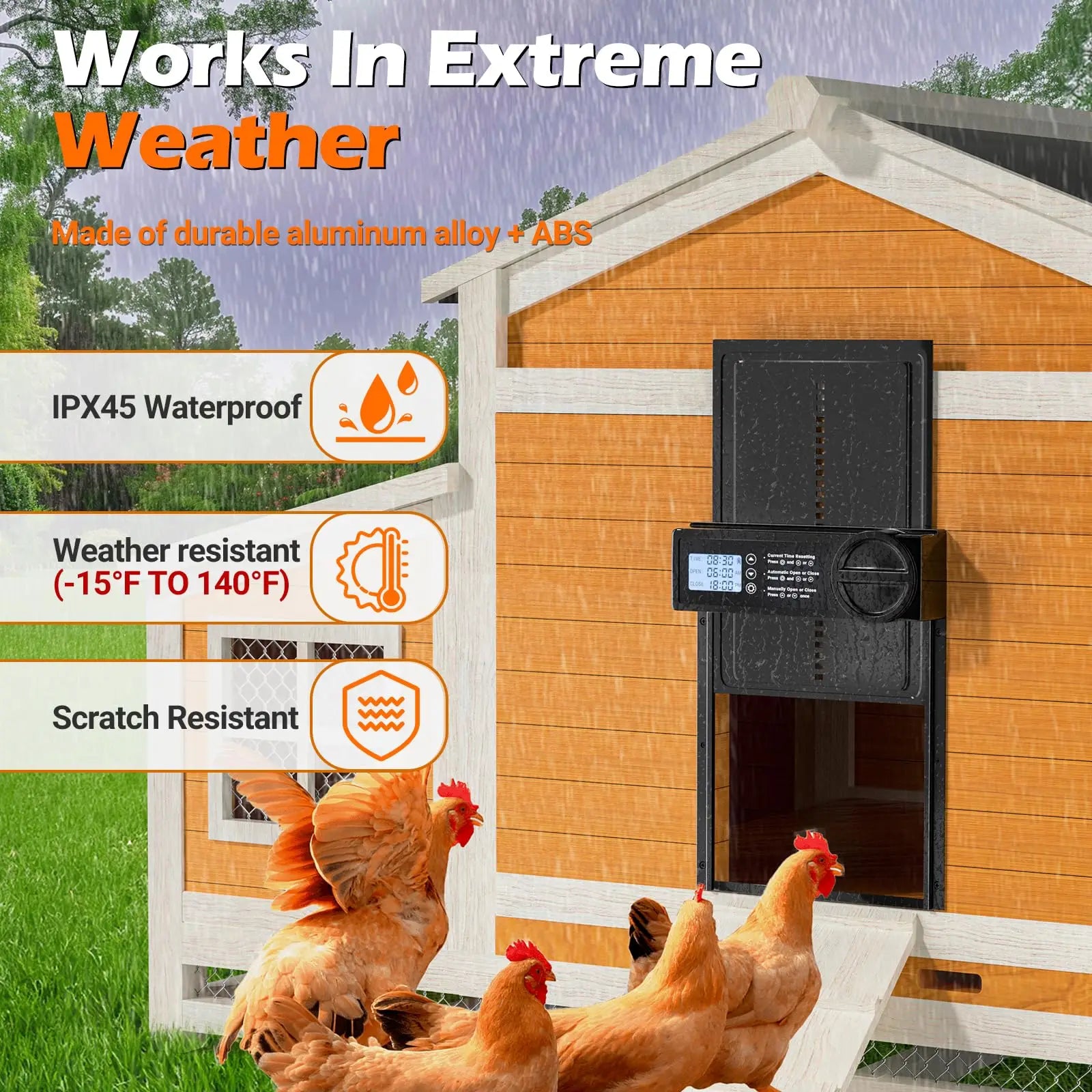 Automatic Battery-Powered Chicken and Duck Coop Door with Timer, Manual Control, and LED Display