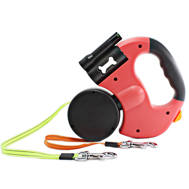 Dual-Headed Pet Leashes with Built-In Flashlight and Automatic Retractable Waste Bag Dispenser
