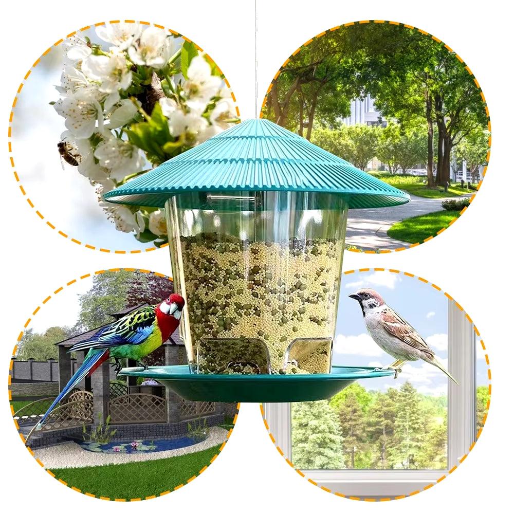 Automatic Outdoor Bird Feeder with Multi-Hole Dispenser and Hanging Nut Holder