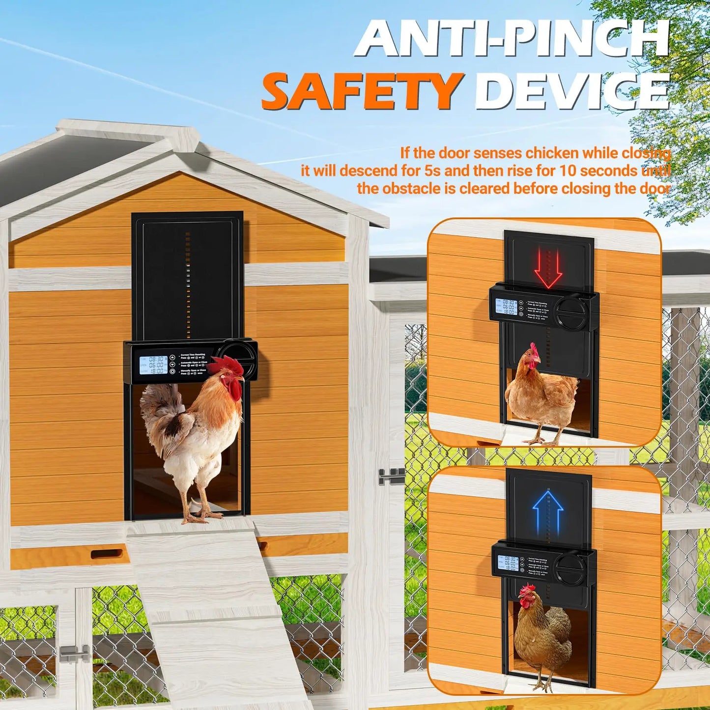 Automatic Battery-Powered Chicken and Duck Coop Door with Timer, Manual Control, and LED Display