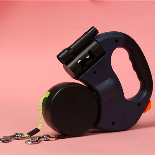 Dual-Headed Pet Leashes with Built-In Flashlight and Automatic Retractable Waste Bag Dispenser