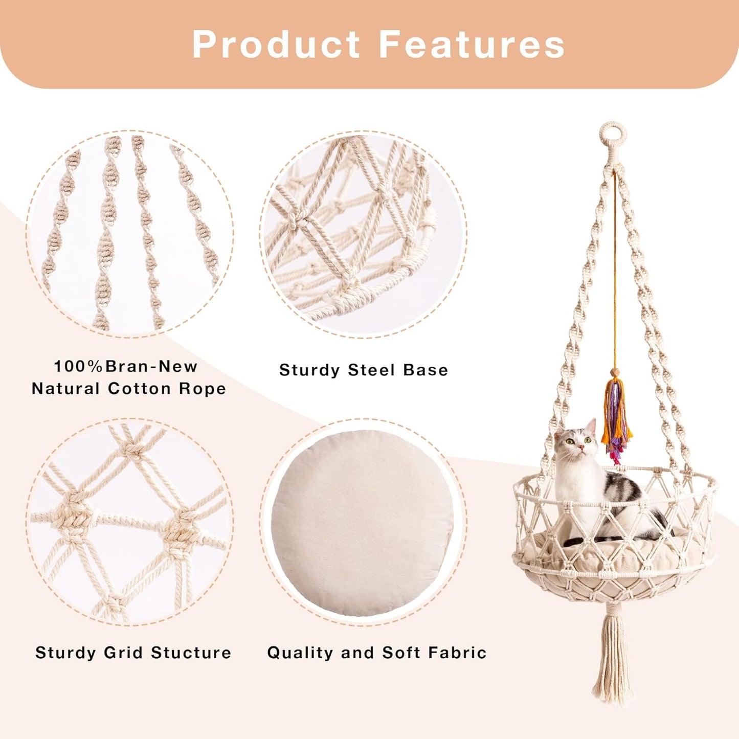 MEWOOFUN Handwoven Bohemian Macrame Cat Swing - Indoor Hammock with Plush Mat and Toy for Cats, Beige
