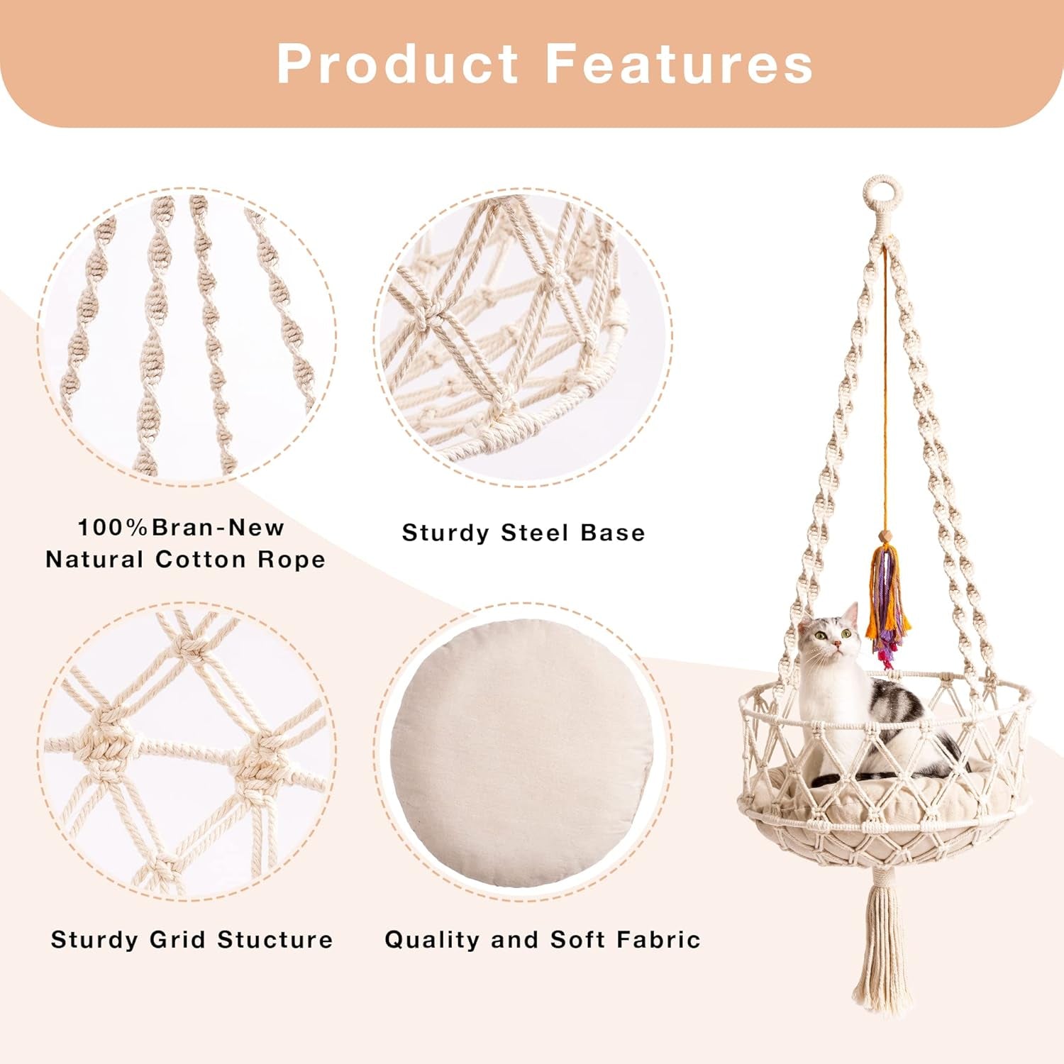 MEWOOFUN Handwoven Bohemian Macrame Cat Swing - Indoor Hammock with Plush Mat and Toy for Cats, Beige