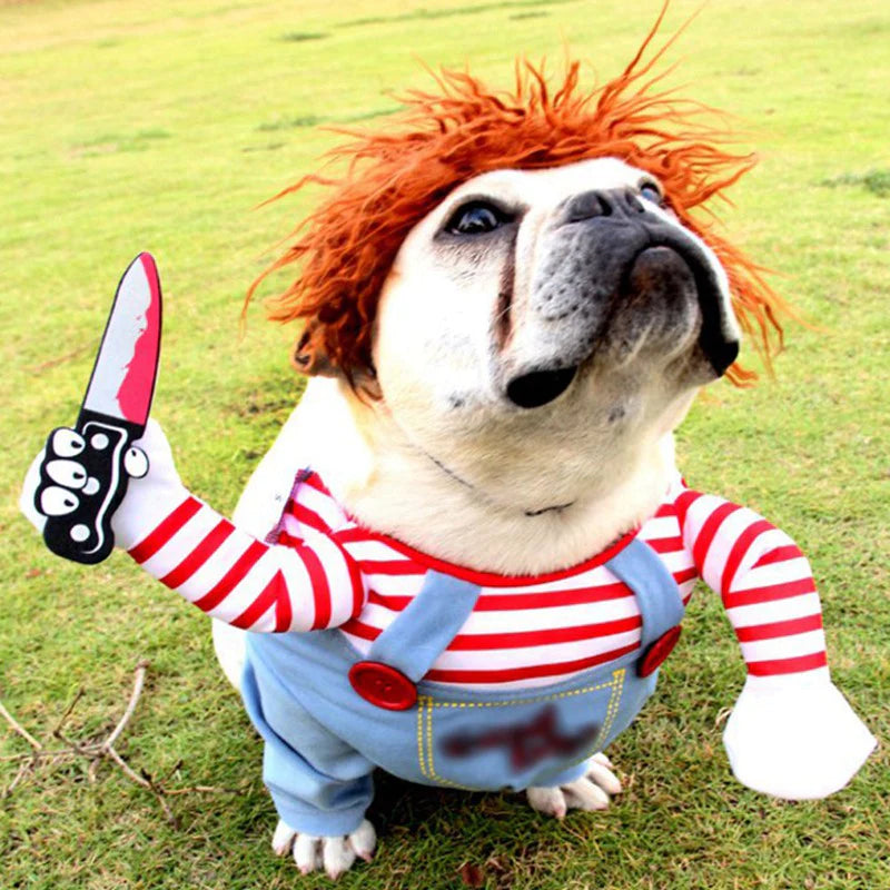Humorous Dog Costumes for Halloween and Festivals - Comedic Outfits Featuring Knife Accessories for Pets