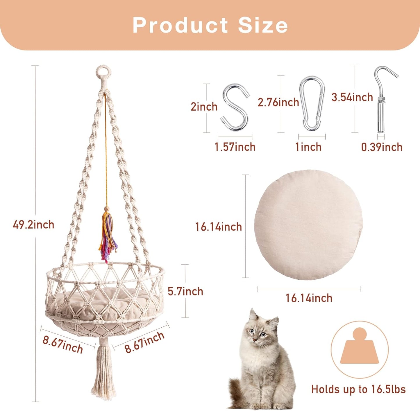 MEWOOFUN Handwoven Bohemian Macrame Cat Swing - Indoor Hammock with Plush Mat and Toy for Cats, Beige
