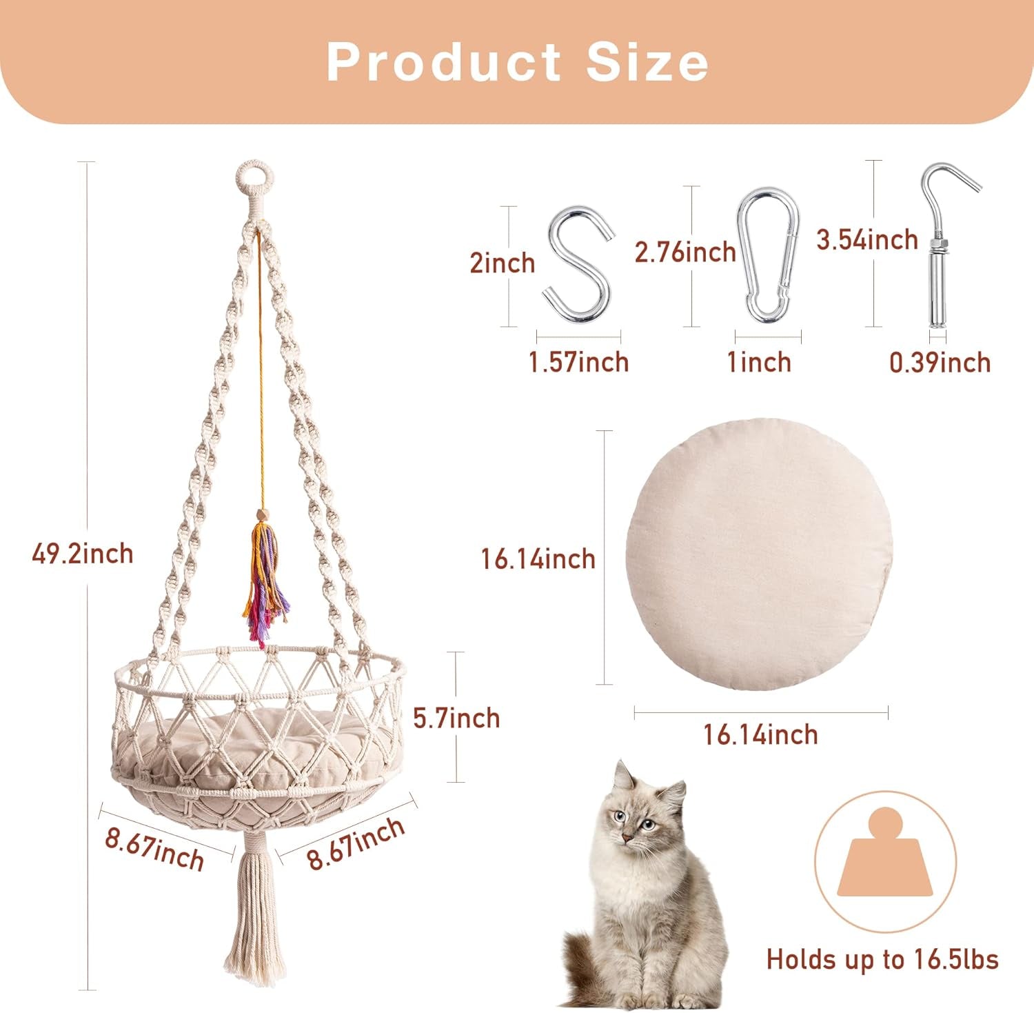 MEWOOFUN Handwoven Bohemian Macrame Cat Swing - Indoor Hammock with Plush Mat and Toy for Cats, Beige