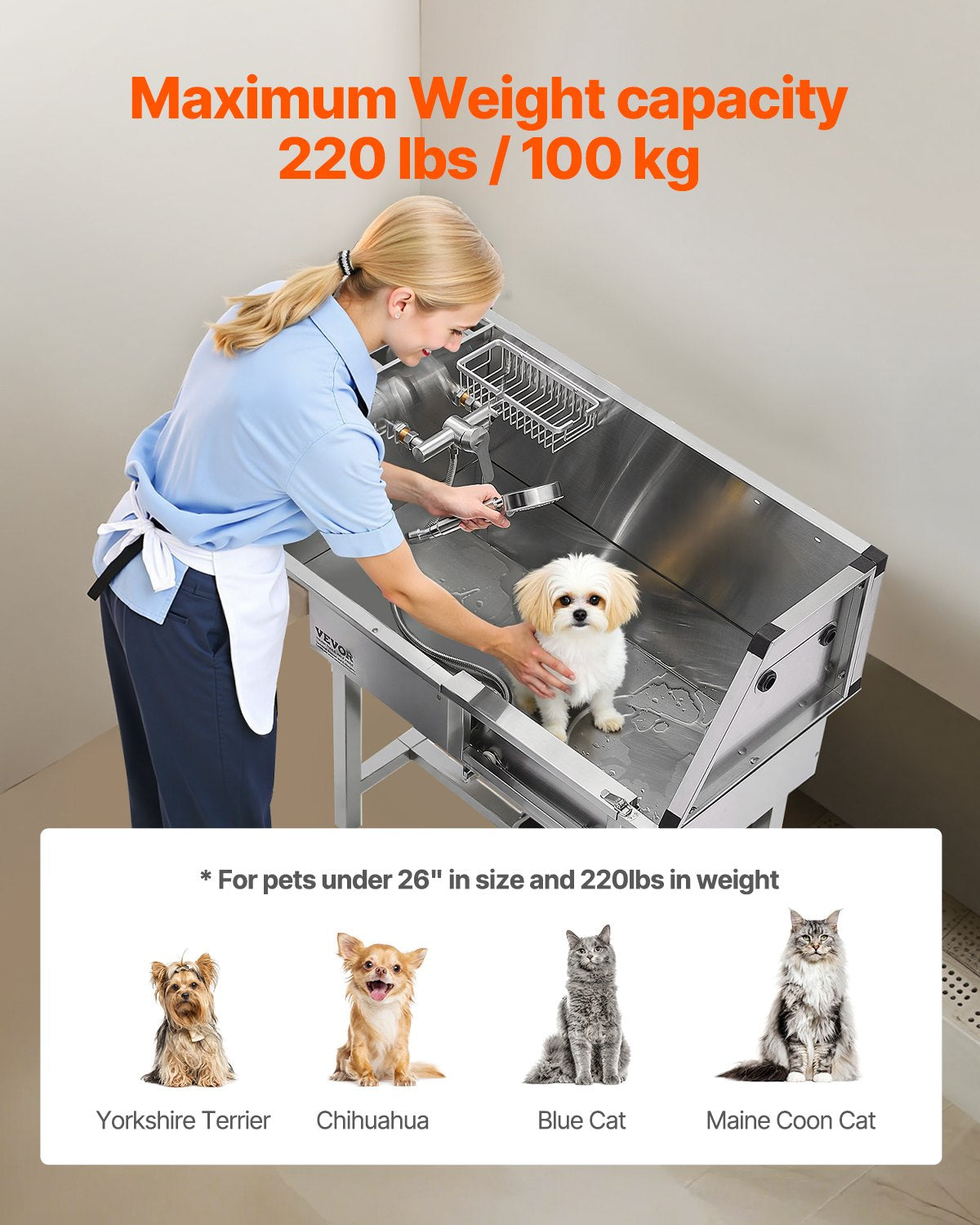 Professional Stainless Steel Dog Grooming Bath Tub with Integrated Stairs and Faucet Showerhead, 34-Inch