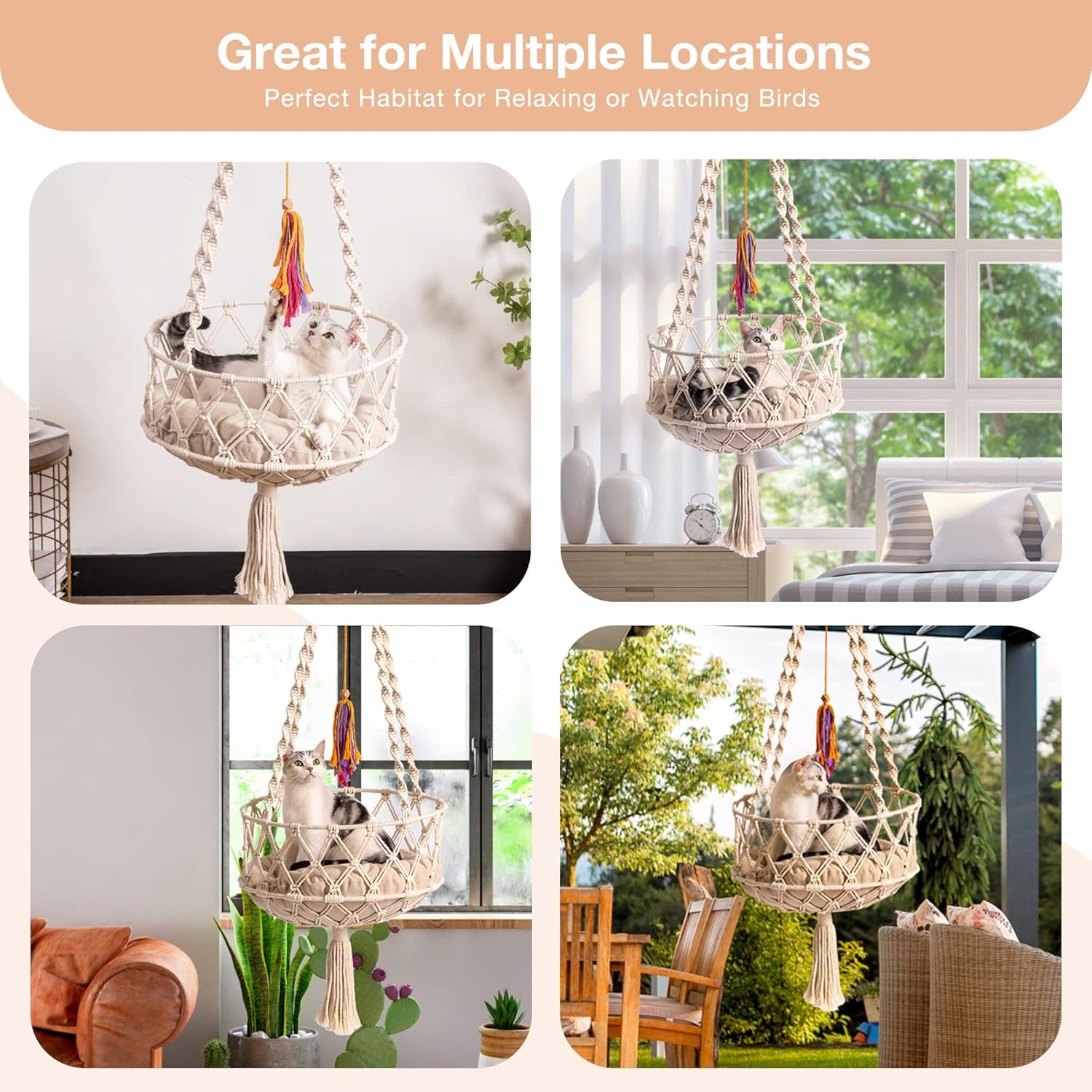 MEWOOFUN Handwoven Bohemian Macrame Cat Swing - Indoor Hammock with Plush Mat and Toy for Cats, Beige
