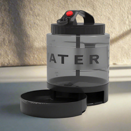 Black water bottle with 'ATER' branding on a white background