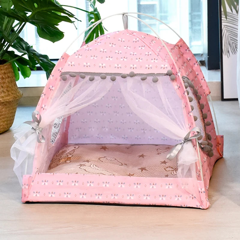 Semi-Enclosed Floral Cat Tent - Year-Round Pet Shelter for Dogs and Cats
