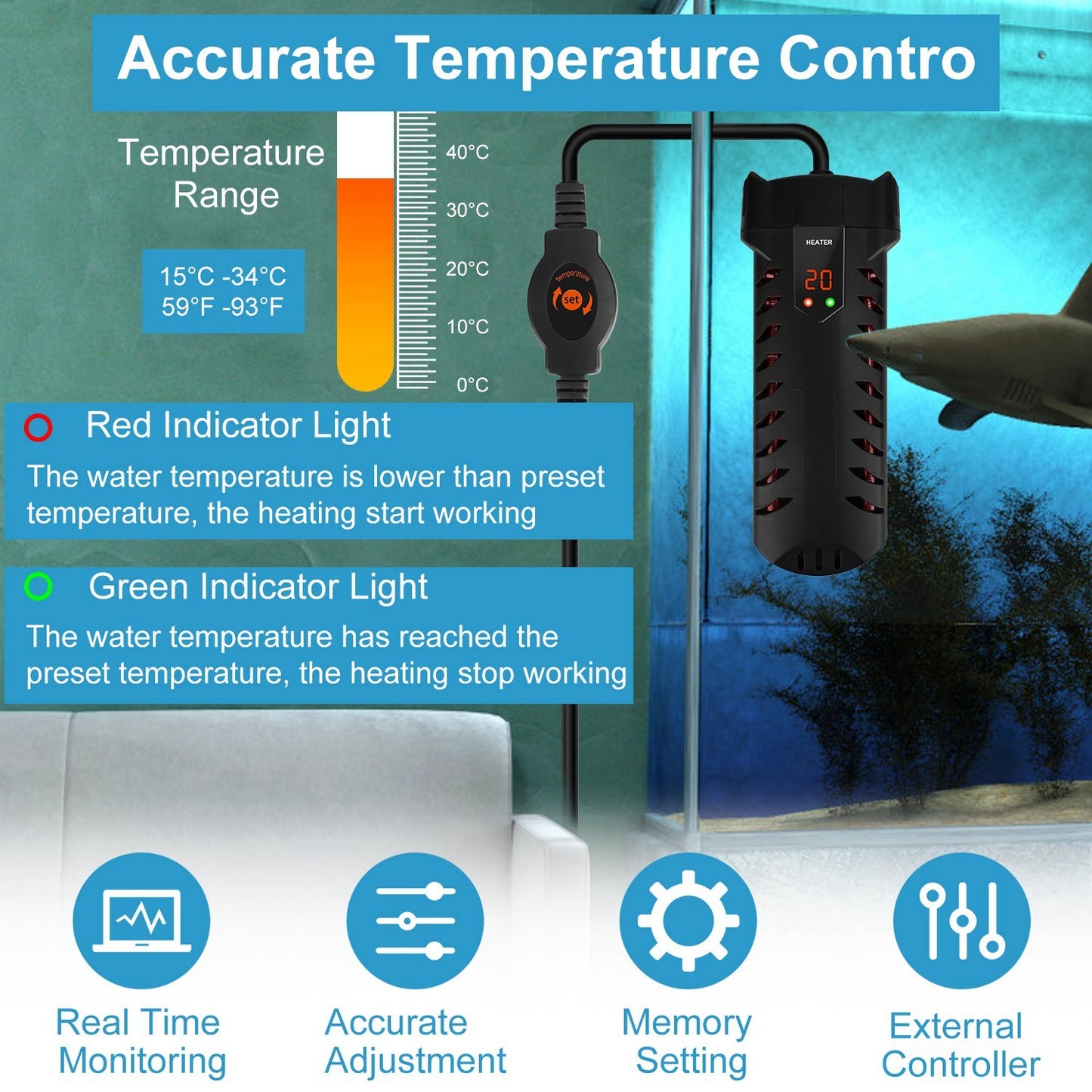500W Submersible Aquarium Adjustable Temperature Fish Tank Heater & Thermostat