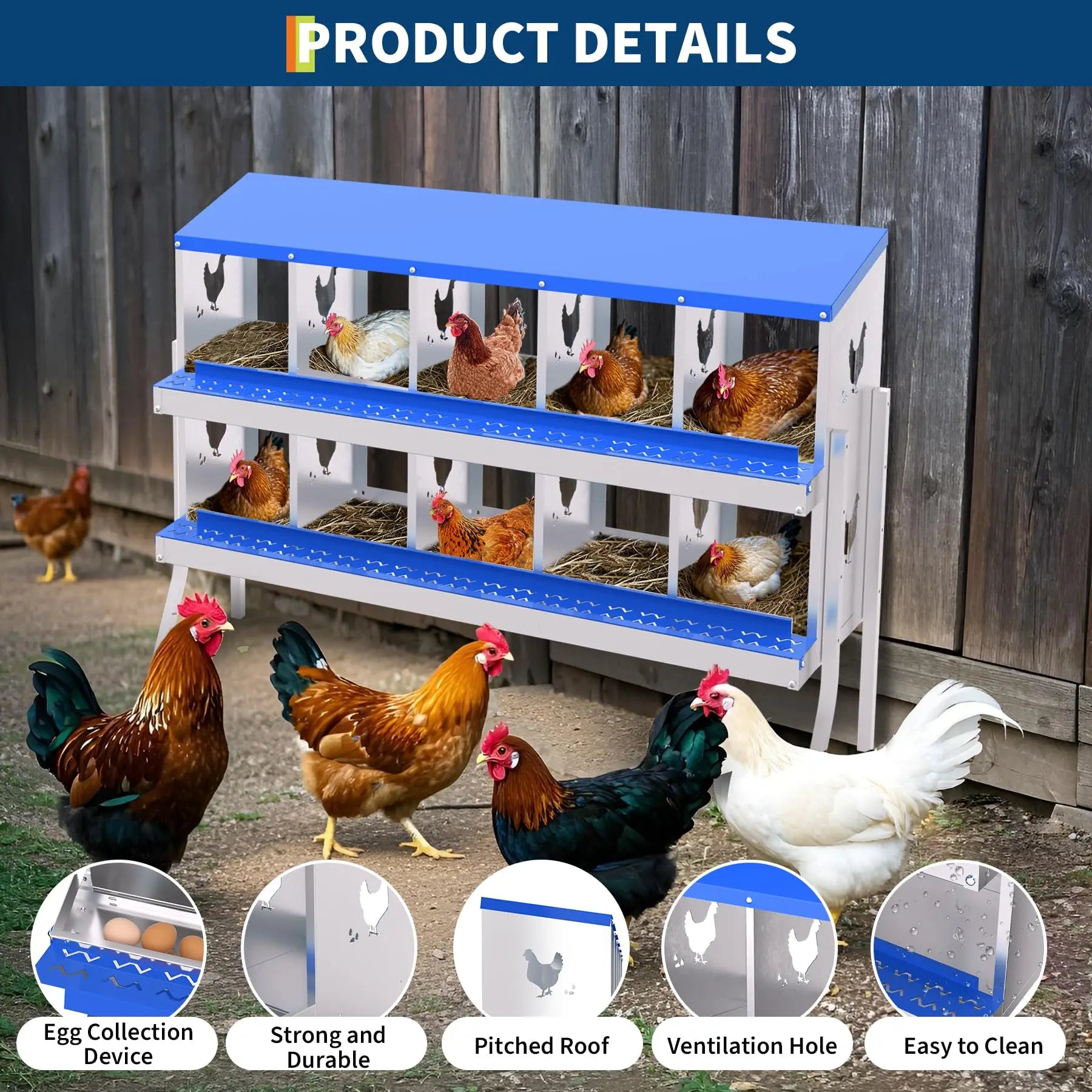 Metal Chicken Nesting Boxes with Roll-Away Functionality, Offered in 6, 8, or 10 Holes, Complete with Lid Cover for Enhanced Egg Protection