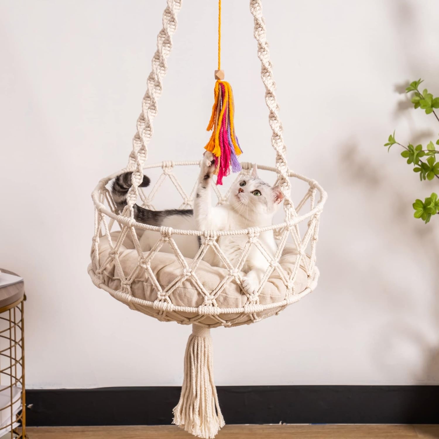 MEWOOFUN Handwoven Bohemian Macrame Cat Swing - Indoor Hammock with Plush Mat and Toy for Cats, Beige