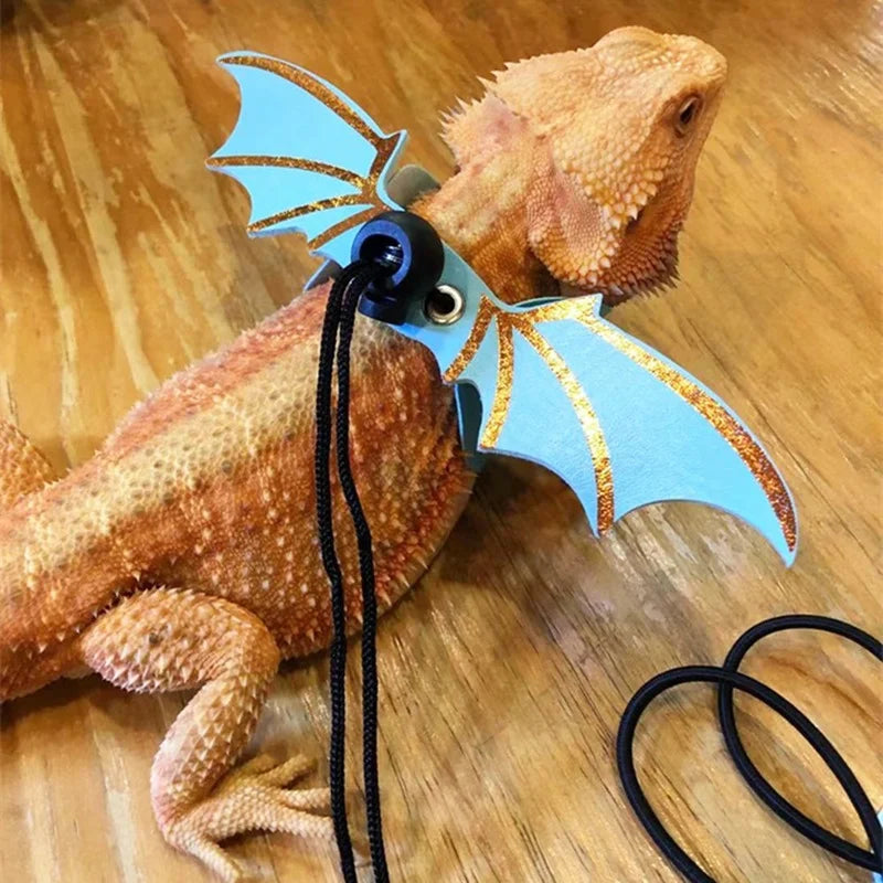 2022 Adjustable 3-Piece Bearded Dragon Leash Set with Bat Wing Design - Premium Soft Leather Harness for Amphibians and Small Reptiles