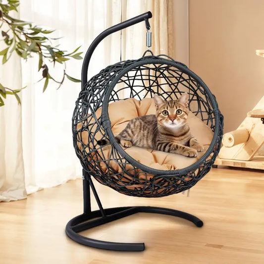 Indoor Cat Swing Bed with Stand and Cushion - Rattan Wicker Egg Chair for Cats and Small Pets in Yellow