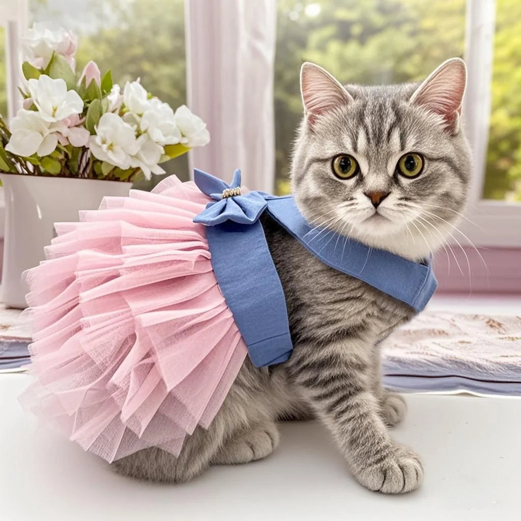 Summer Cat Stripe Dress and Lace Skirt for Pets - Stylish Apparel for Chihuahuas and Puppies