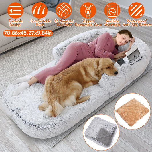1Pc Large Foldable Human Size Dog Bed With Pillow Blanket