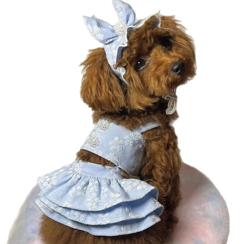 Embroidered Cat Princess Jumpsuit with Hat for Small Dogs and Teddy Bears - Spring and Summer Collection