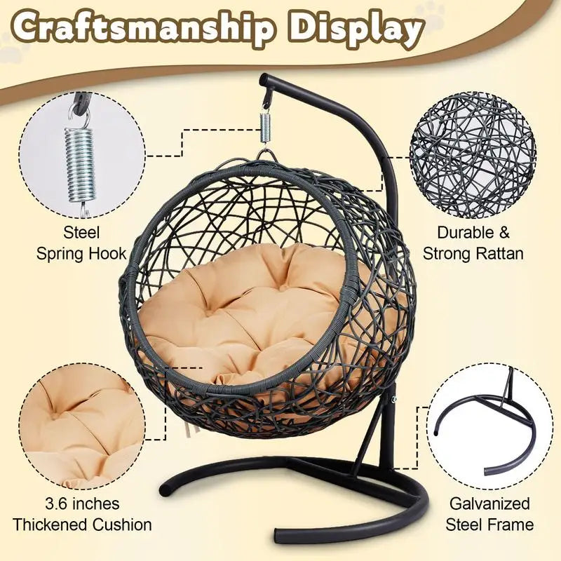 Indoor Cat Swing Bed with Stand and Cushion - Rattan Wicker Egg Chair for Cats and Small Pets in Yellow
