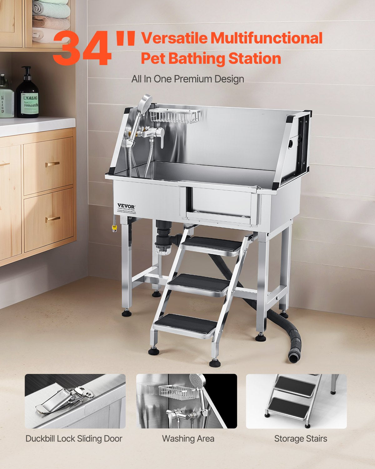 Professional Stainless Steel Dog Grooming Bath Tub with Integrated Stairs and Faucet Showerhead, 34-Inch